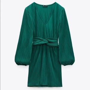 ZARA PLEATED KNOTTED DRESS DARK GREEN
